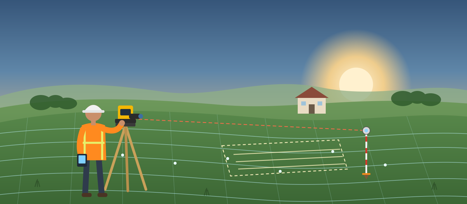 A surveyor sets up a total station on an open lot while a digital contour grid overlays the field