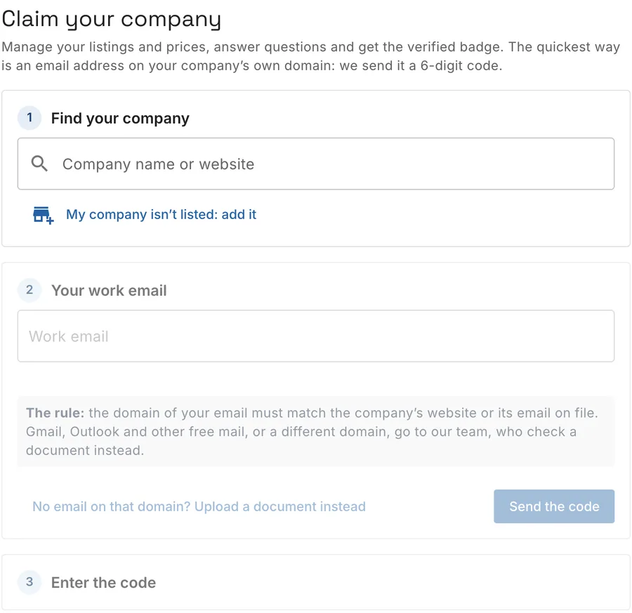 Claim your company: 1 Find your company, 2 Your work email and 3 Enter the code