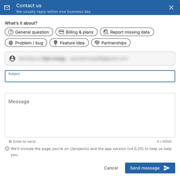 The Contact us form: What's it about?, Sending as, Subject, Message, Cancel and Send message