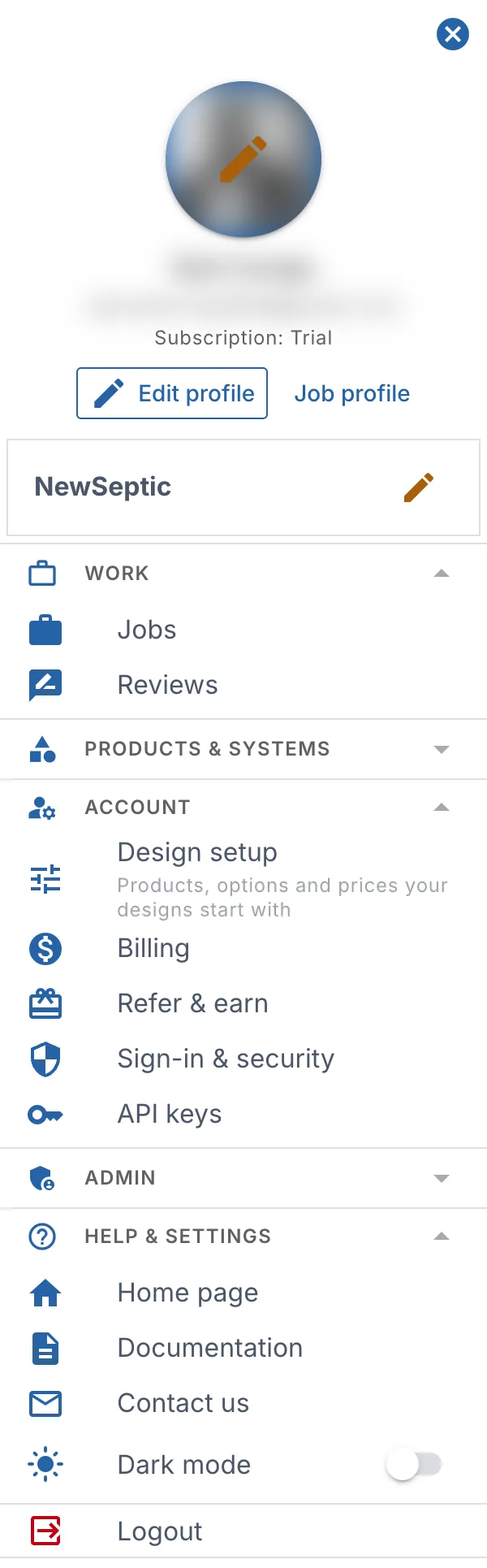 The account menu: photo, name and email, Edit profile and Job profile, the company, then the Work, Products & systems, Account and Help & settings groups, and Logout