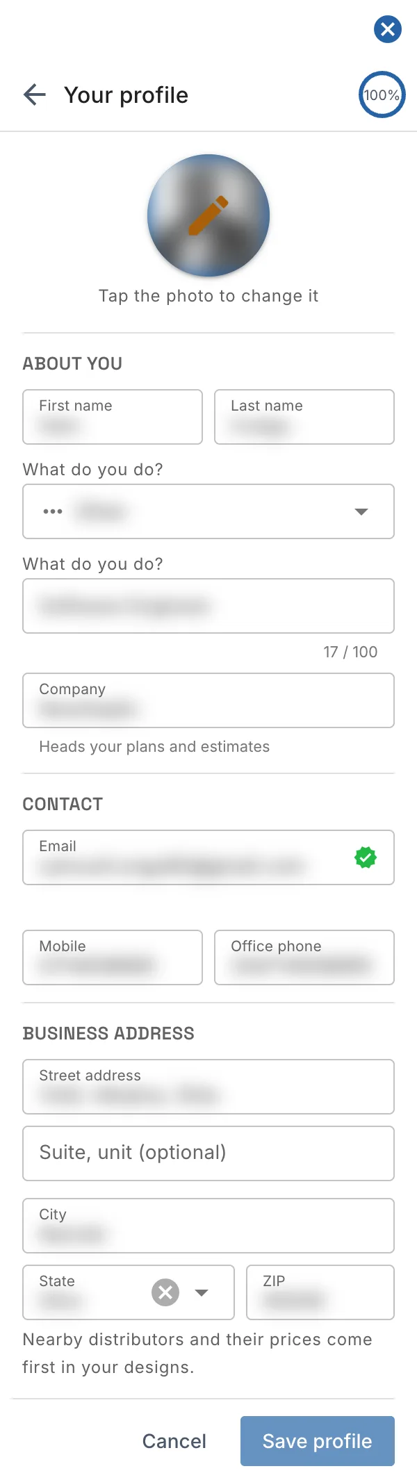 Your profile in the account menu: the photo, About you, Contact and Business address, with Cancel and Save profile