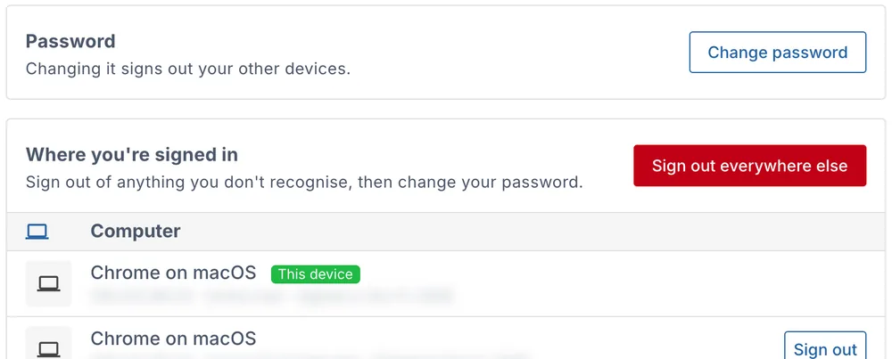 Sign-in & security: Password with Change password, and Where you're signed in with Sign out everywhere else and a Sign out button for each browser