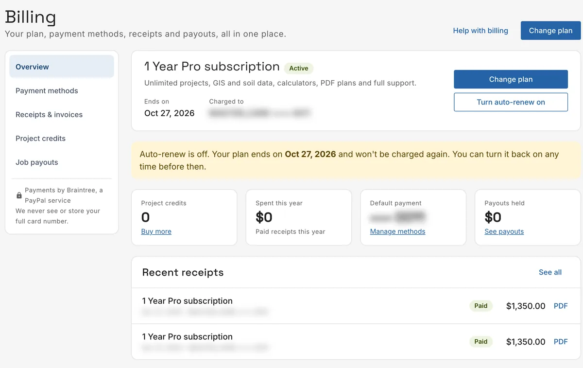 Billing Overview: the plan with Change plan and auto-renew, the tiles for credits, spending and default payment, and Recent receipts