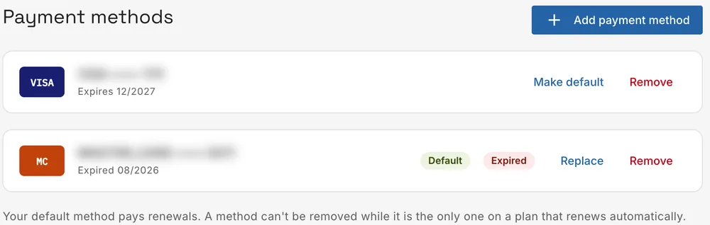 Payment methods: two cards, one marked Default and Expired, with Make default, Replace and Remove