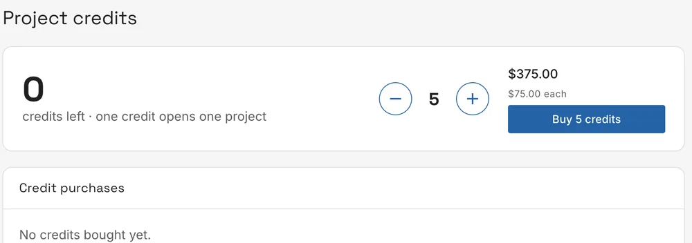 Project credits: credits left, the number to buy, the price and Buy 5 credits