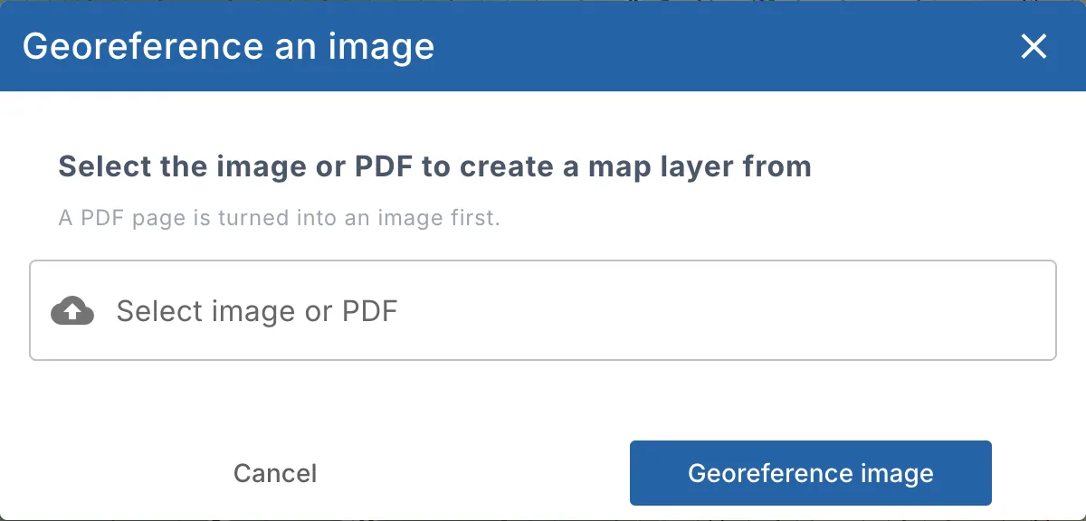The Georeference an image window: Select image or PDF, Cancel and Georeference image