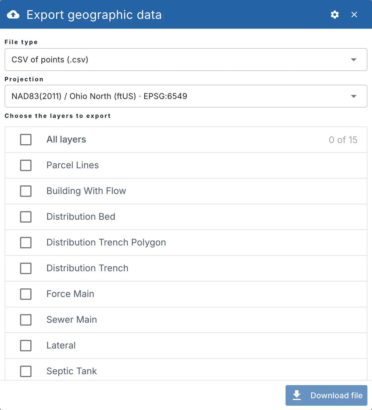 Export GPS points: the file type, the projection and the layers to export, with Download file