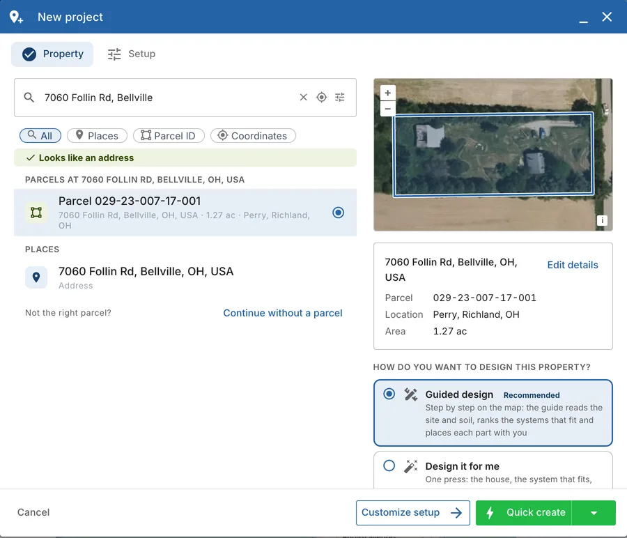 The New project window: pick the parcel, then how to design it