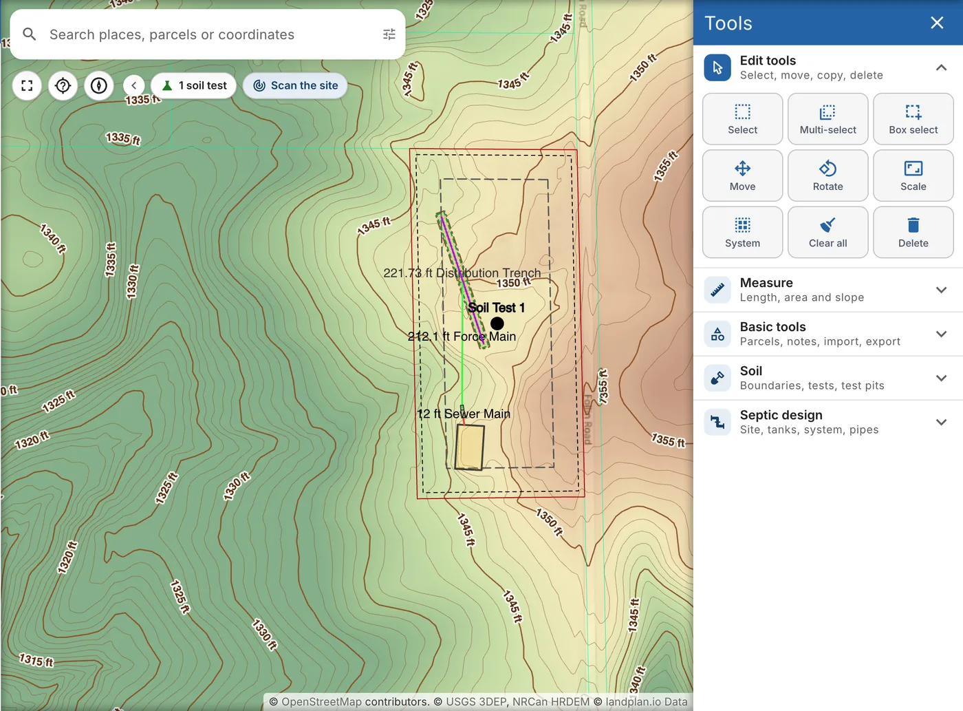 The map with the Tools drawer open: Edit tools, Measure, Basic tools, Soil and Septic design