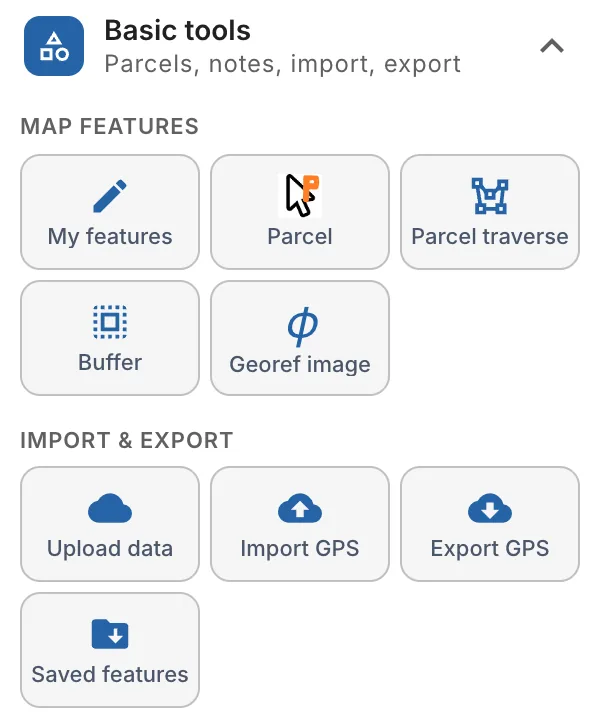 The Basic tools group: Map features and Import and export