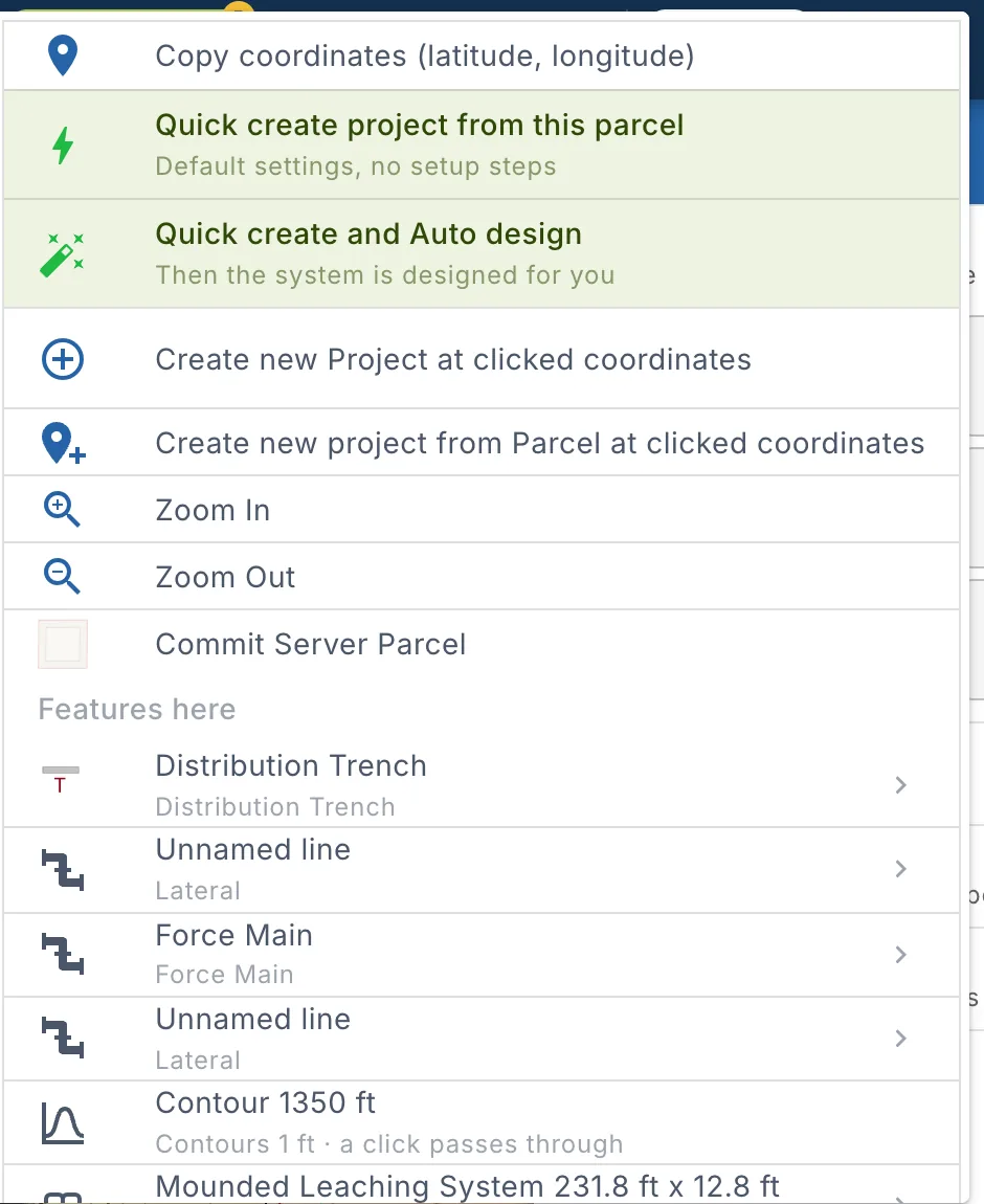The right-click menu on a design: Copy coordinates, Quick create, Create new Project, Zoom, Commit Server Parcel and the Features here