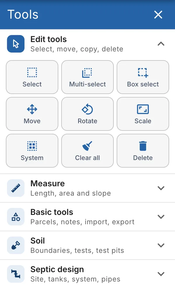 The Tools drawer with Edit tools open, and the Measure, Basic tools, Soil and Septic design groups closed