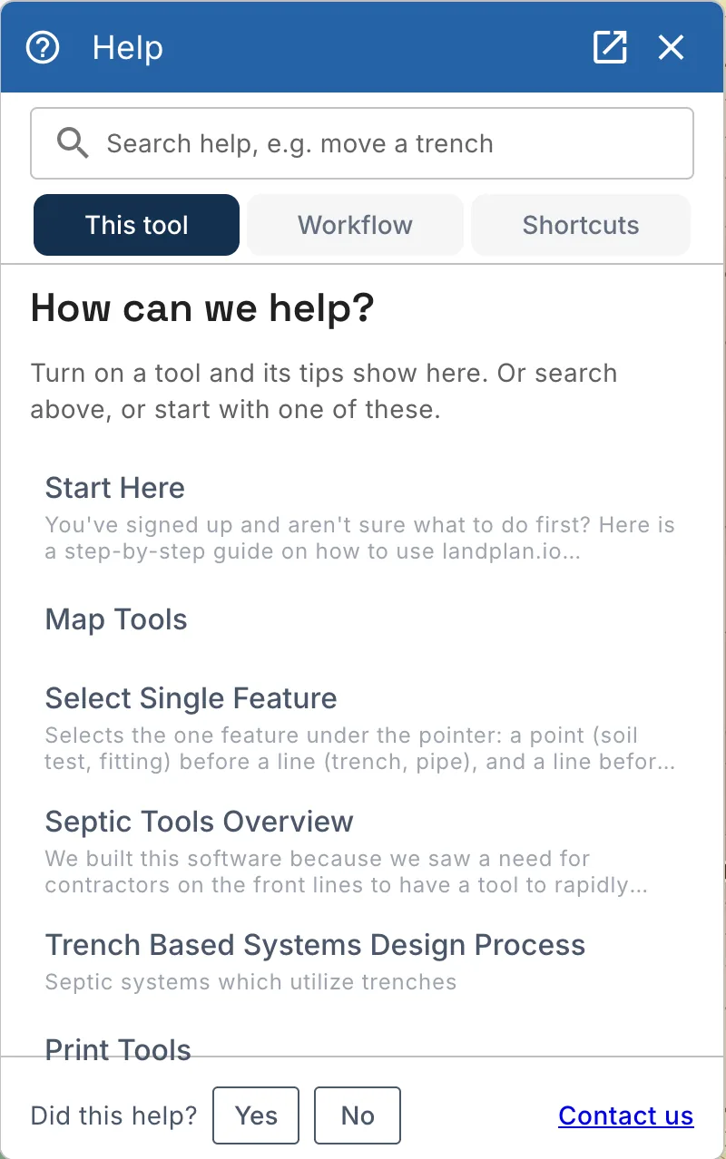 The help panel: the search, the This tool, Workflow and Shortcuts tabs, and Did this help?