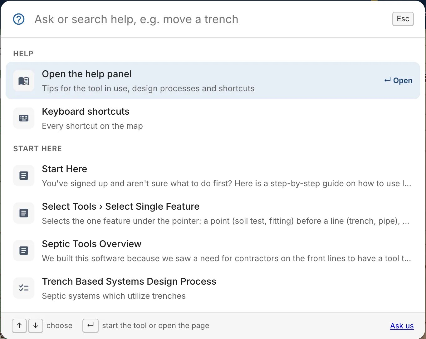 The help search: open the help panel, keyboard shortcuts and suggested pages