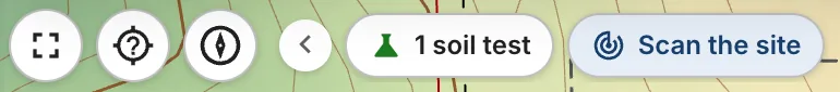 The map controls: Full screen, Show my location, the compass, and the site at a glance with 1 soil test and Scan the site