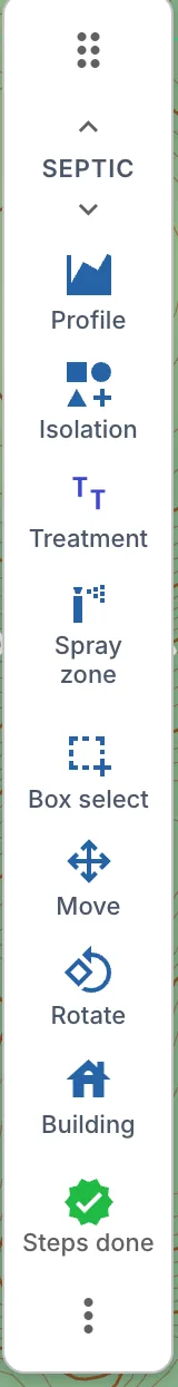 The quick tools bar docked on the left of the map: the Septic toolset, recent tools, pinned tools and Steps done