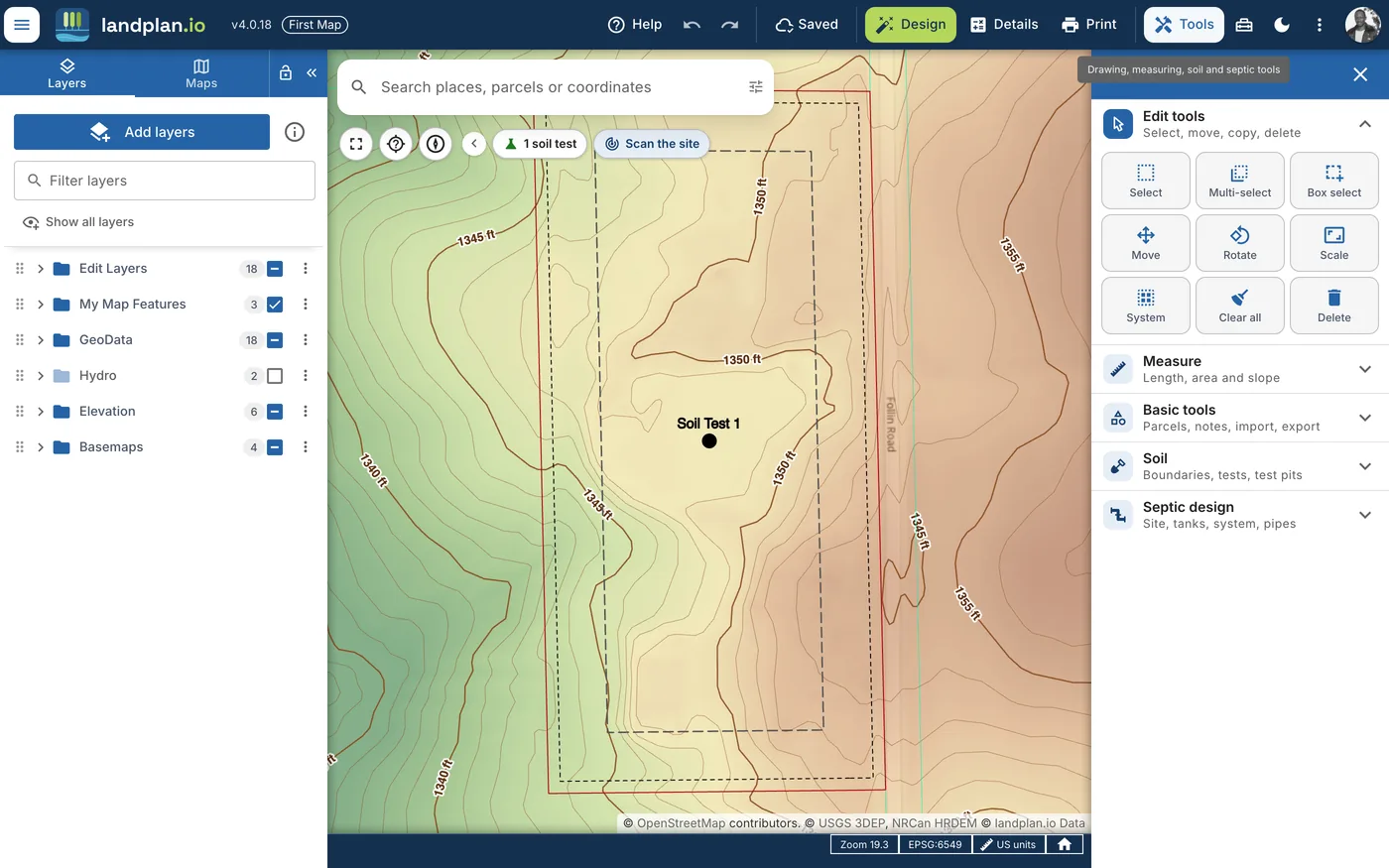 The map screen: the toolbar at the top, the Layers panel on the left, the Tools drawer on the right