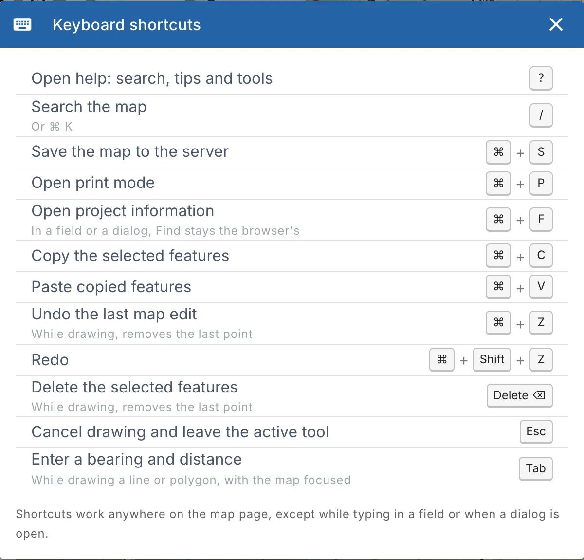 The Keyboard shortcuts window on a Mac