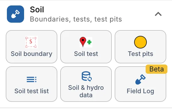 The Soil group: Soil boundary, Soil test, Test pits, Soil test list, Soil and hydro data and Field Log