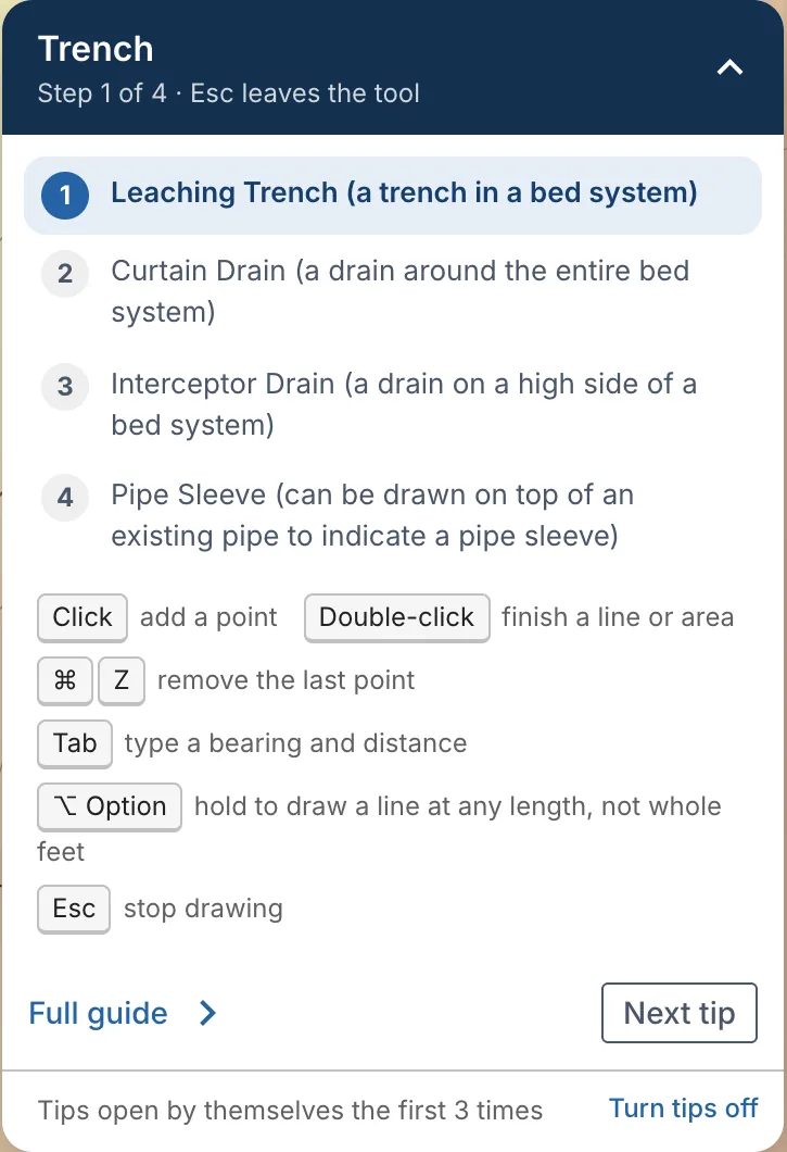 The tips card for the Trench tool: the steps, the mouse and keys, Full guide, Next tip and Turn tips off