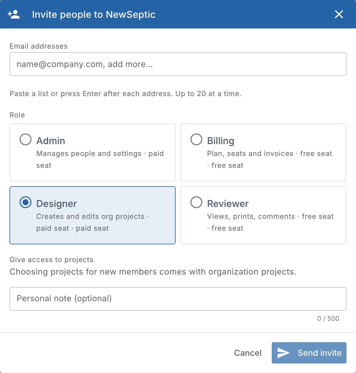 Invite people: email addresses, the role and a personal note