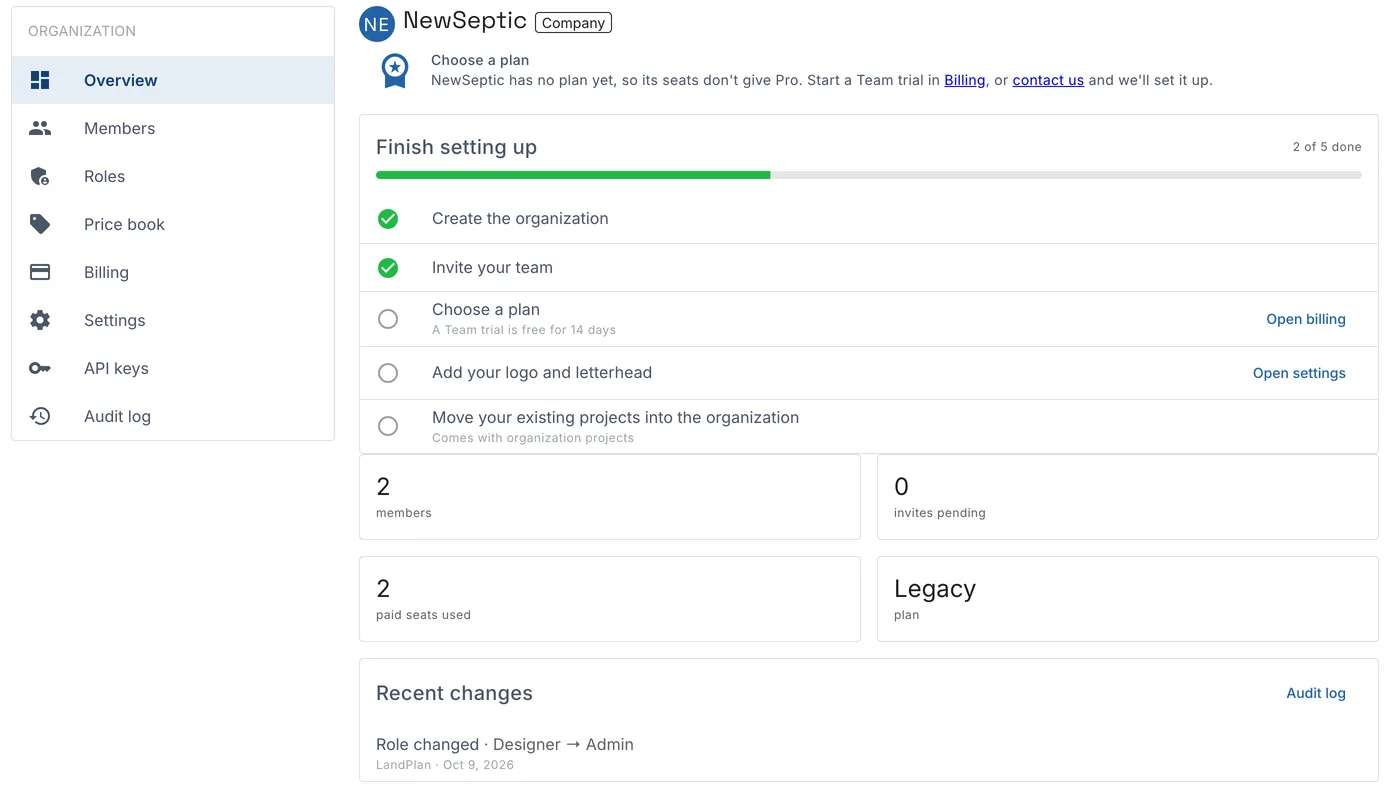 The organization overview: the setup checklist, the members and seats, and the recent changes