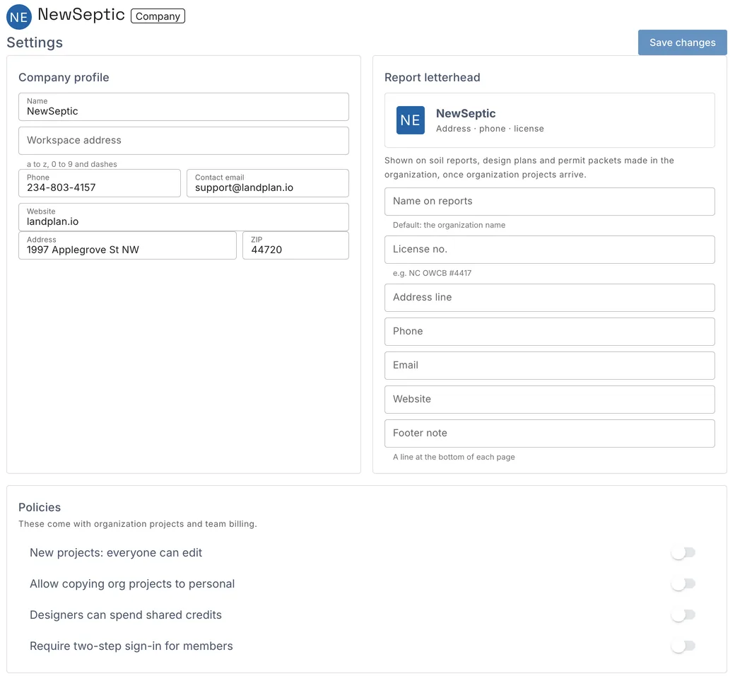 Organization settings: the company profile, the report letterhead and the policies
