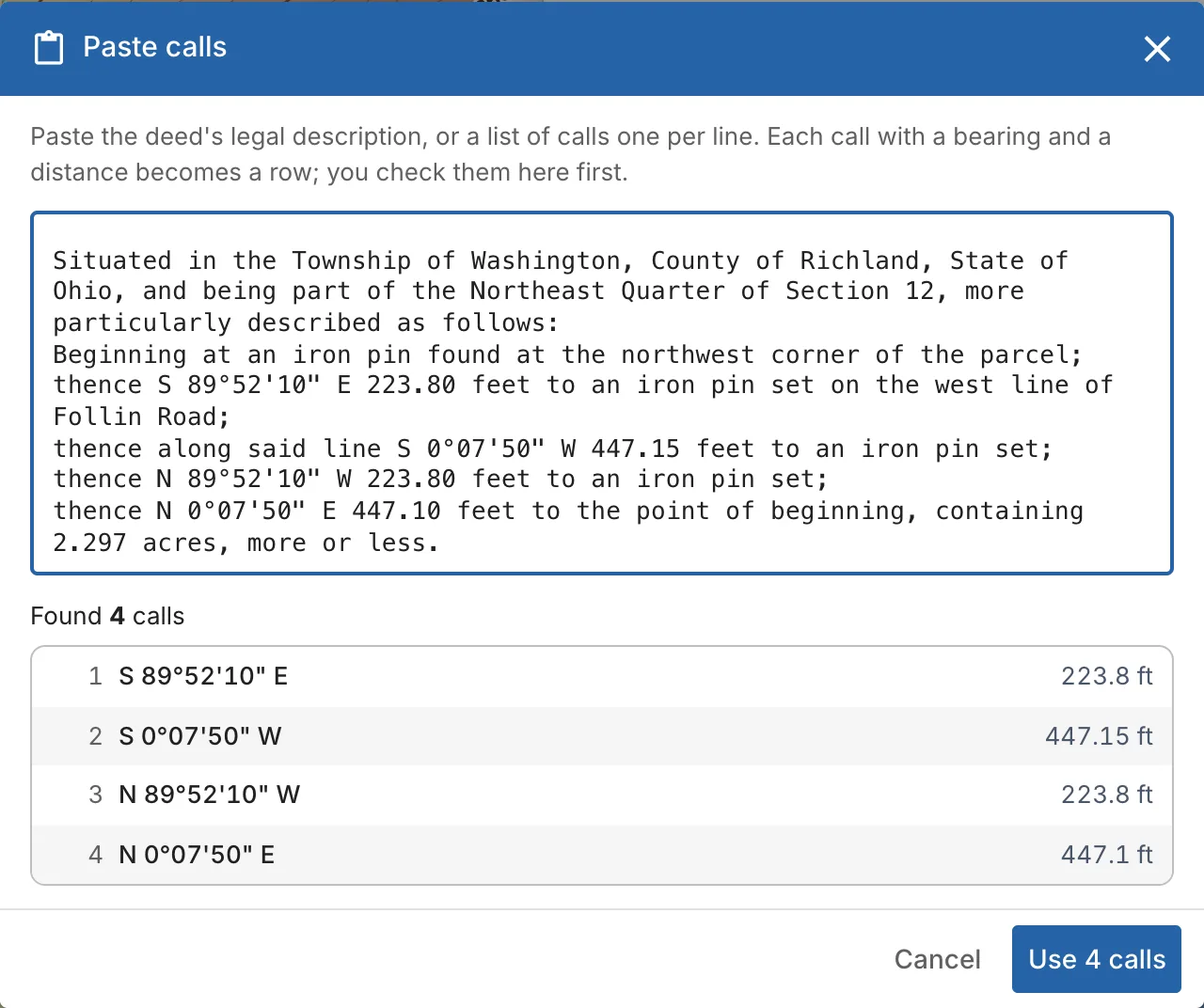 Paste calls: the legal description pasted, and the 4 calls found listed with their bearings and distances
