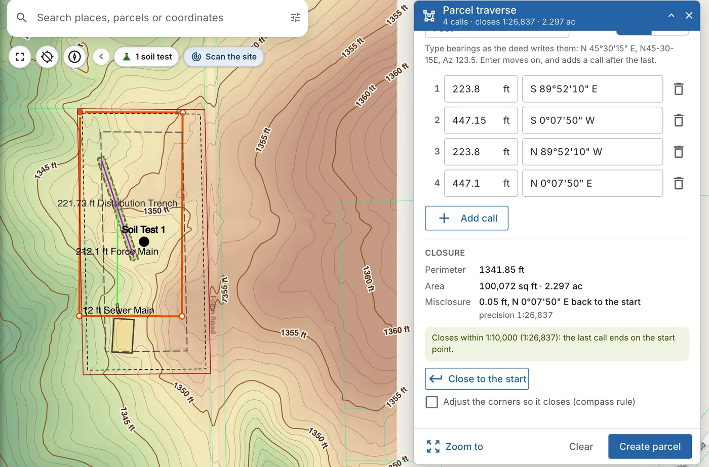 Parcel traverse beside the map: four calls, the closure within 1:10,000, and the traverse drawn on the map