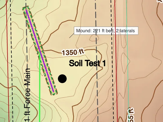 A callout on the page: Mound: 221 ft bed, 2 laterals