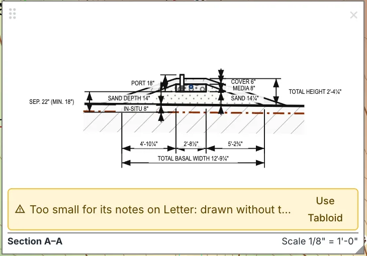 A section on the page: the drawing, its caption and scale, and a warning that it is too small for its notes on Letter