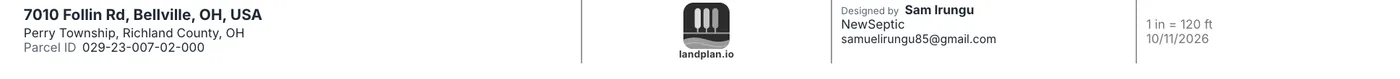 The title block: the property, the landplan.io mark, who designed it, and the scale and date