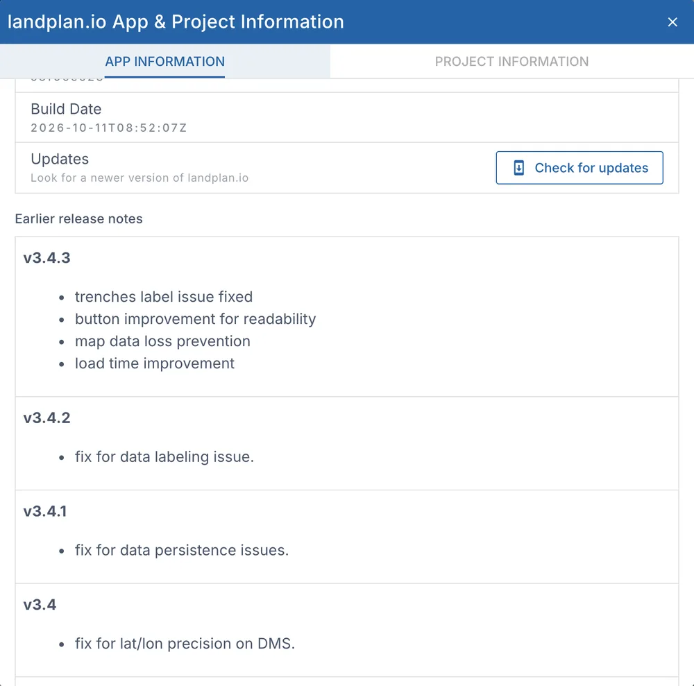 The App Information tab: the build date, Check for updates and the earlier release notes