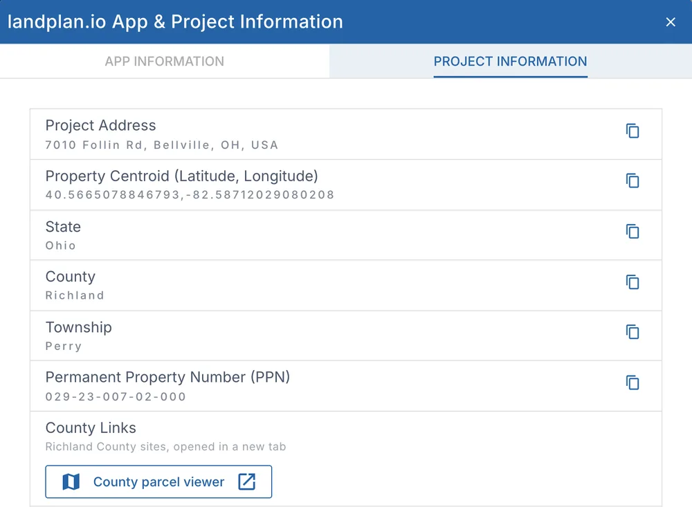 The Project Information tab: the address, the centroid, the state, county and township, the PPN and the county links