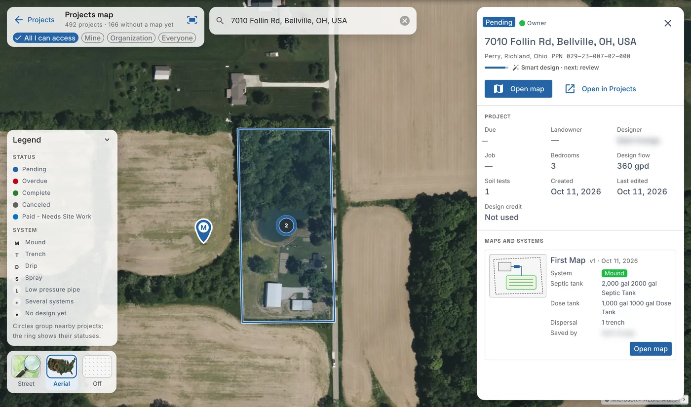 A project open on the Projects map, over the aerial photo, with its parcel outlined