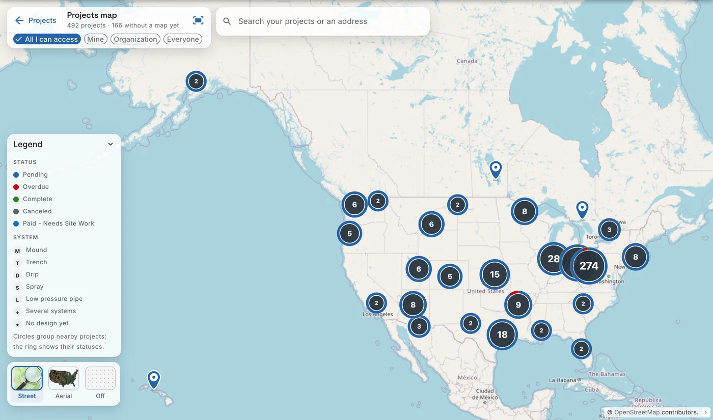 The Projects map: the title and scope chips, the search, clusters of projects, the legend and the base maps