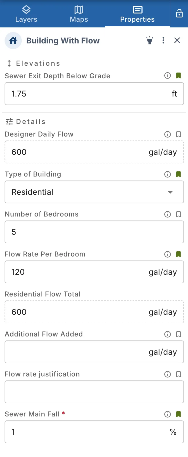 The Properties tab: Building With Flow, with its Elevations and Details sections