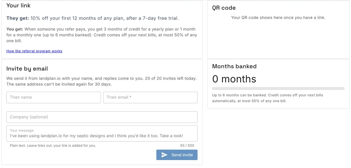 Refer & earn: Your link with what they get and what you get, the QR code, Invite by email and Your earnings