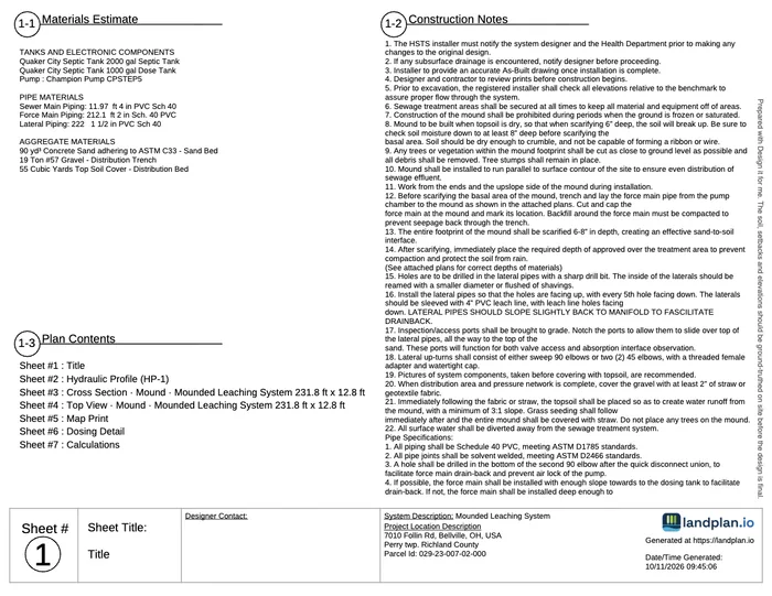 The Title sheet: materials estimate, construction notes and plan contents