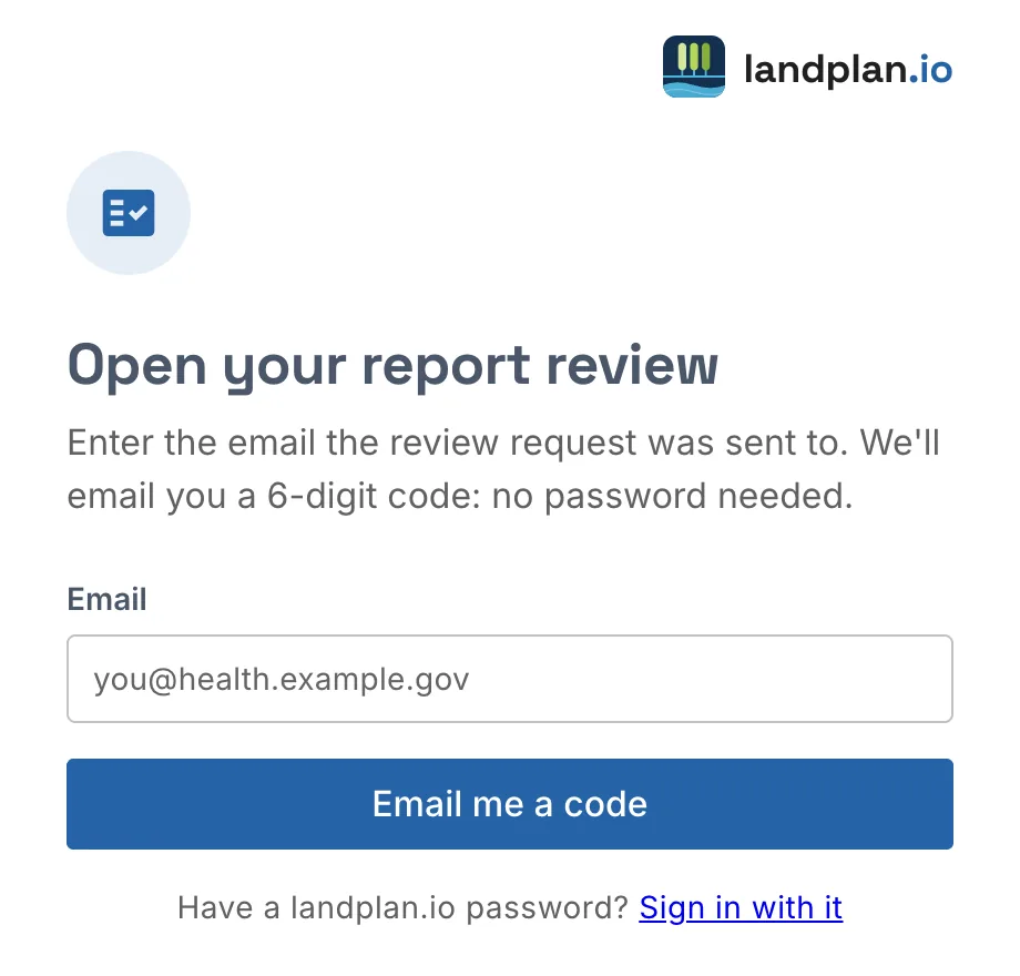 Open your report review: enter your email and get a one-time code