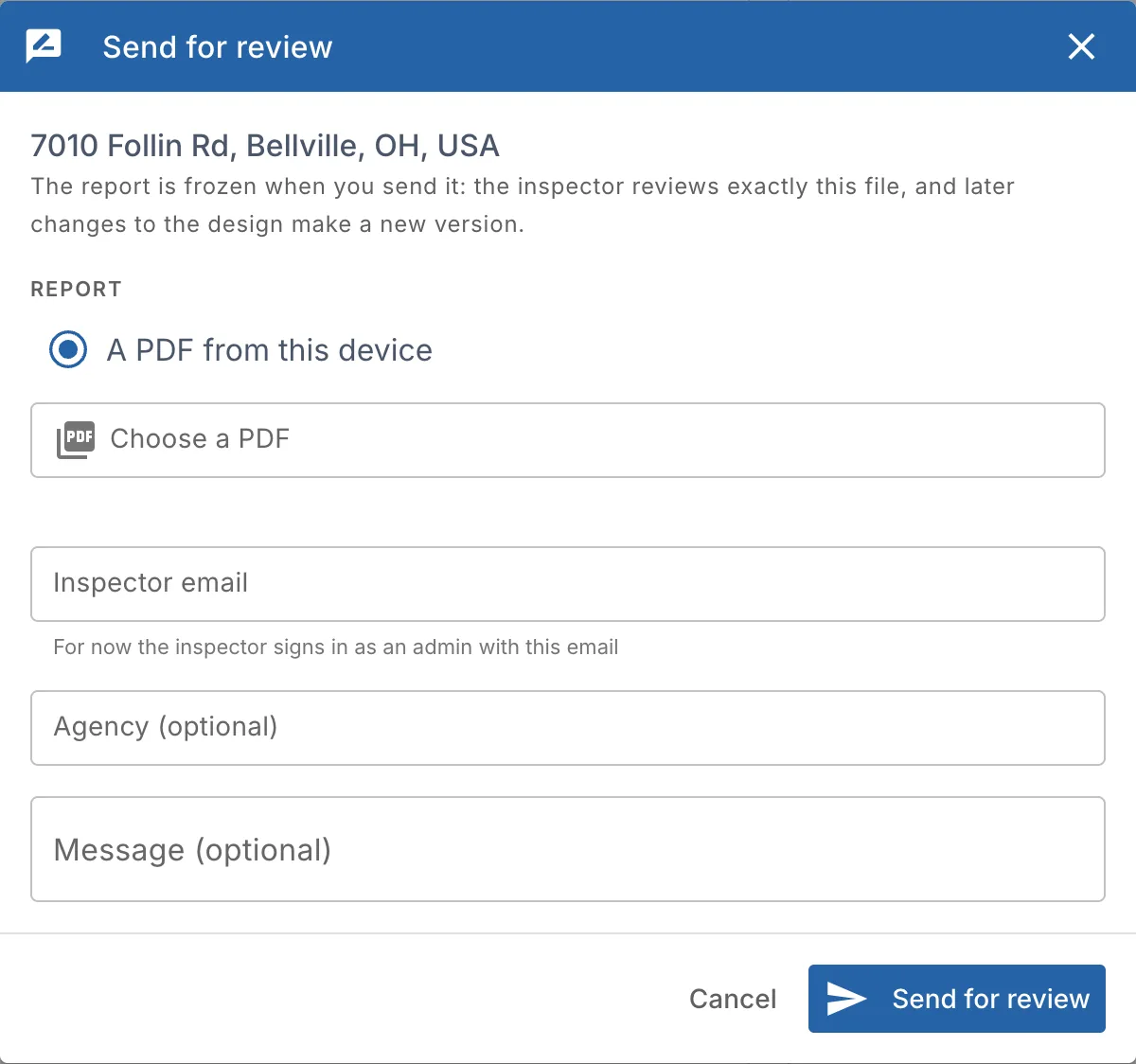 The Send for review window: the report, the inspector's email, the agency and a message