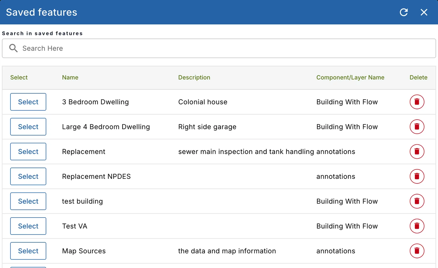 The Saved features list: Select, Name, Description, Component/Layer Name and Delete