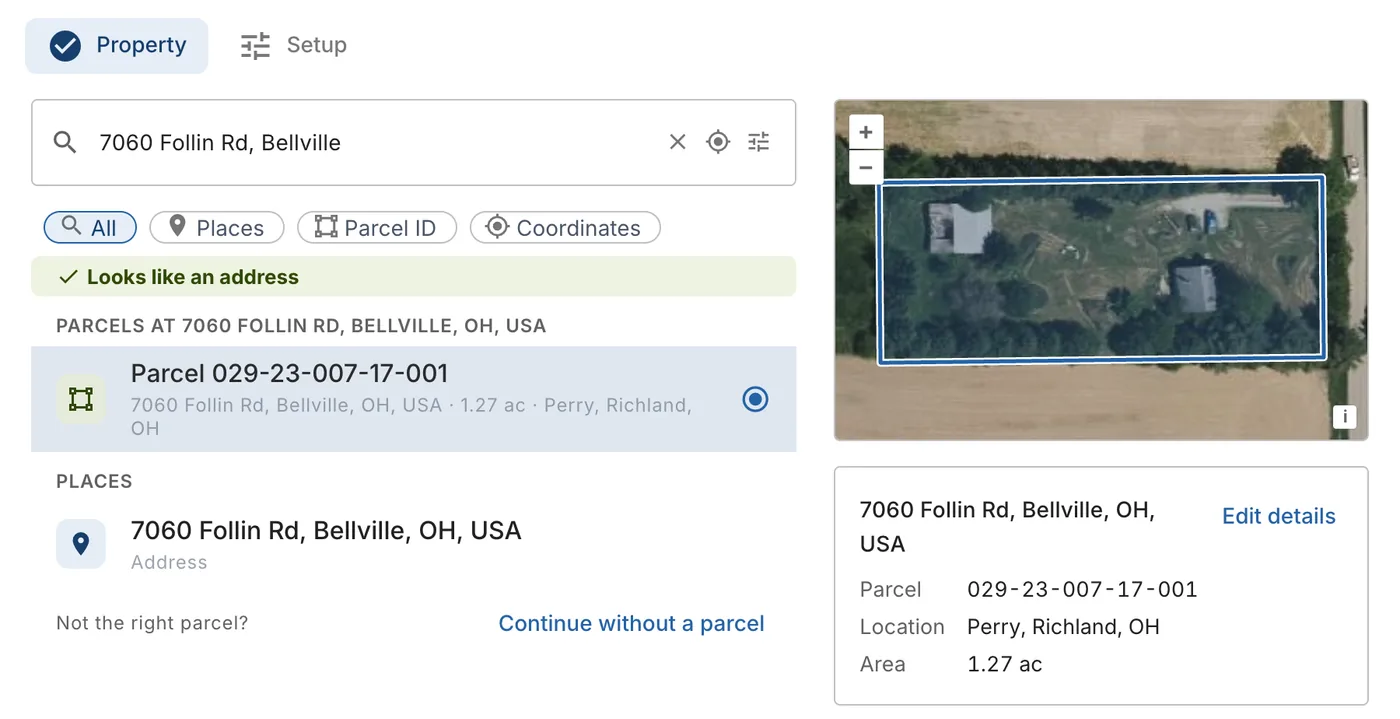 The New project window: the search, the parcel picked, its preview and its summary