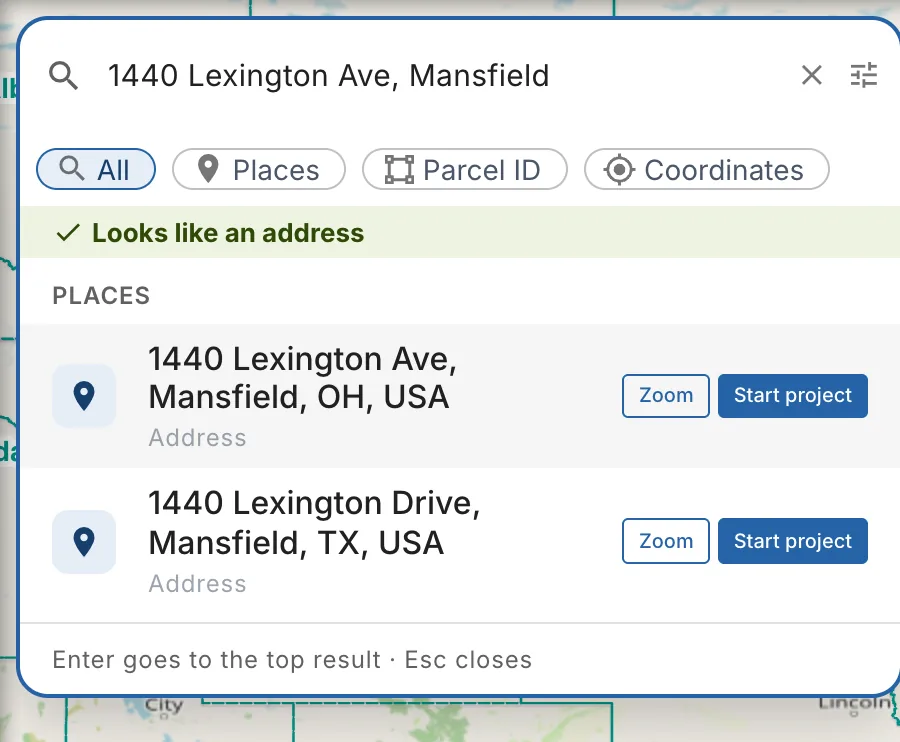 The map search with an address typed: two places, each with Zoom and Start project