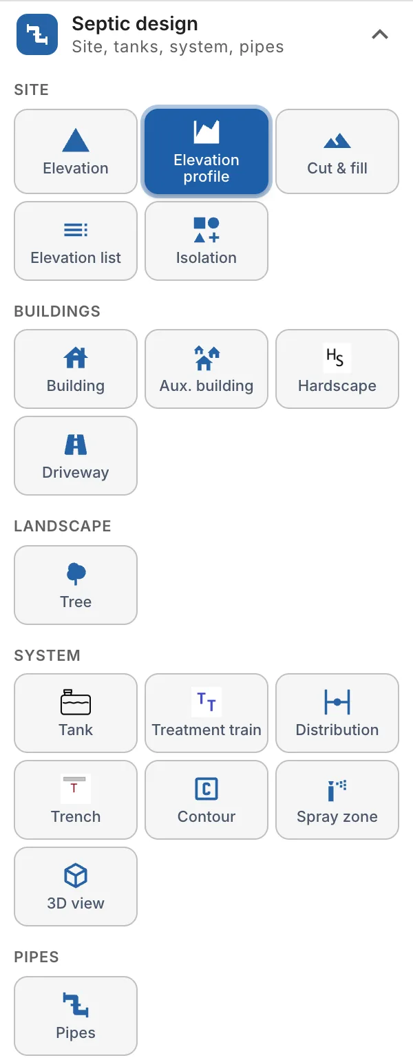 Septic design in the Tools drawer: the Site, Buildings, System and Pipes groups