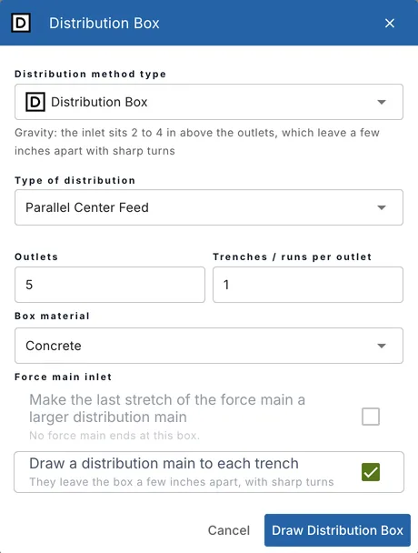 The Distribution Box dialog: type of distribution, outlets, box material, force main inlet and distribution mains