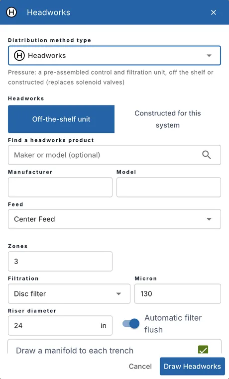The Headworks dialog: off-the-shelf or constructed, product search, feed, zones, filtration and riser