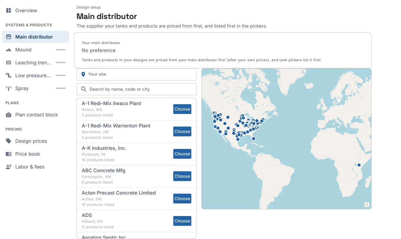 Main distributor: your choice at the top, the distributors near your site in a list and on a map