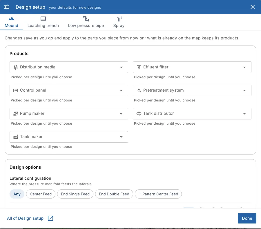 Design setup on the map: one tab per system, with its products and design options