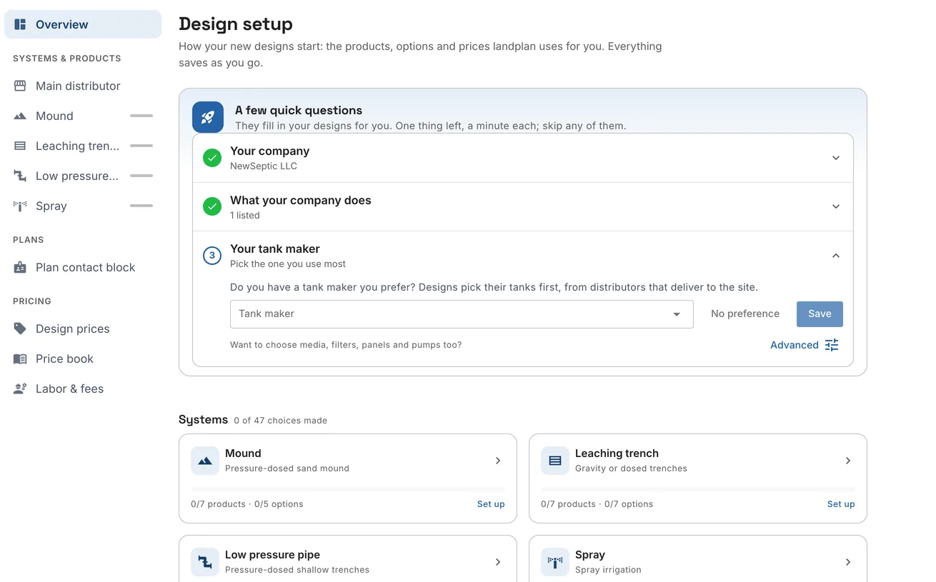 The Design setup overview: a few quick questions, then the four systems and how much of each is set